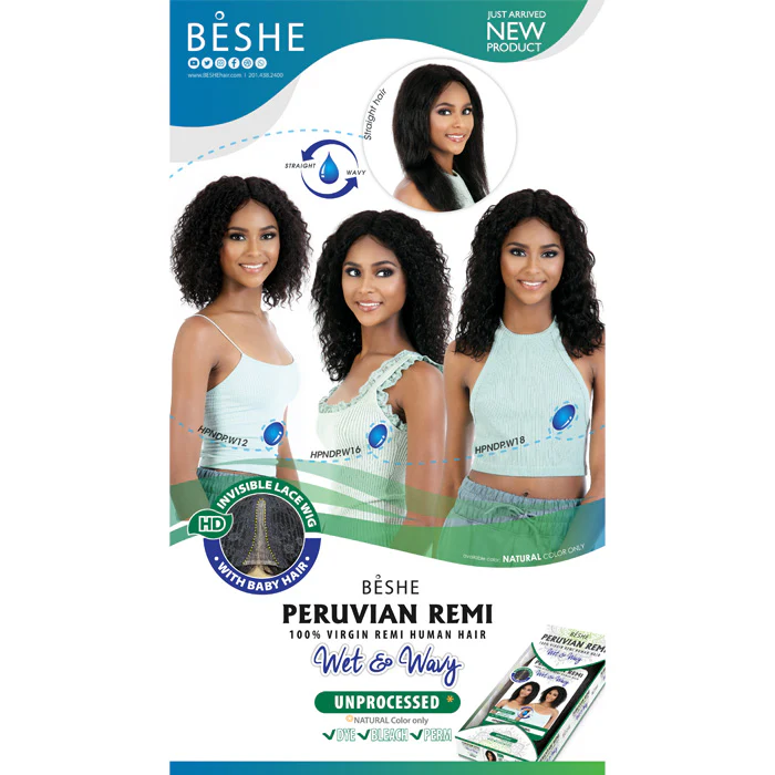 Beshe Peruvian Remi 100% Virgin Remy Human Hair Wet & Wavy HD Lace Wig - HPNDP.W 12" - Image 3