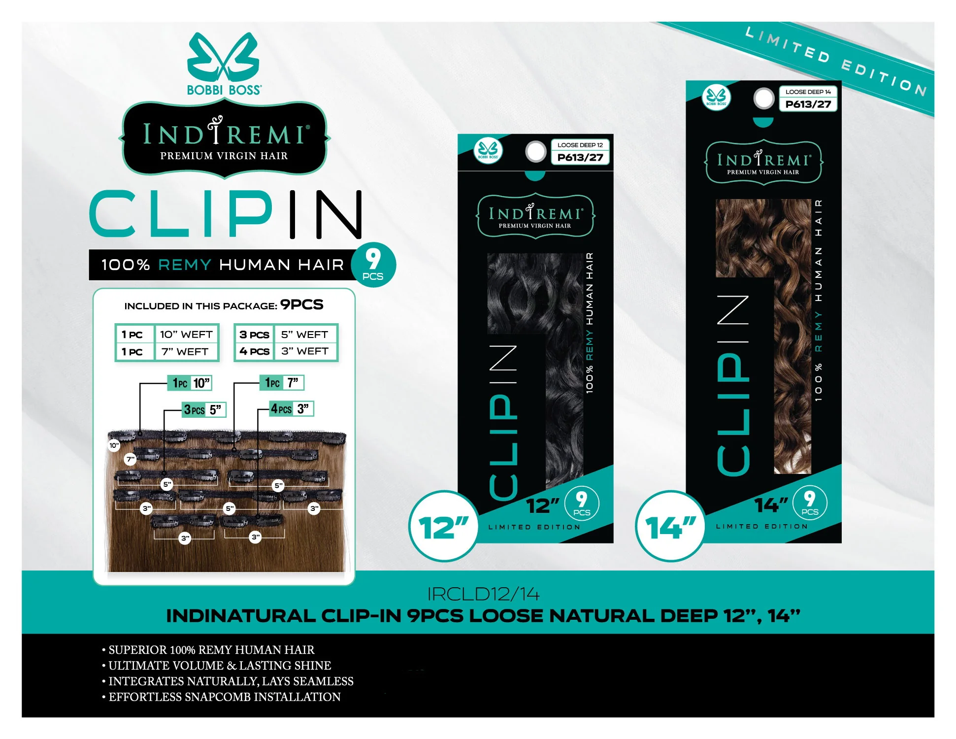 Bobbi Boss Indiremi Clip-In 9 PCS 100% Remy Human Hair Weaving - LOOSE DEEP 12"/14" - Image 2