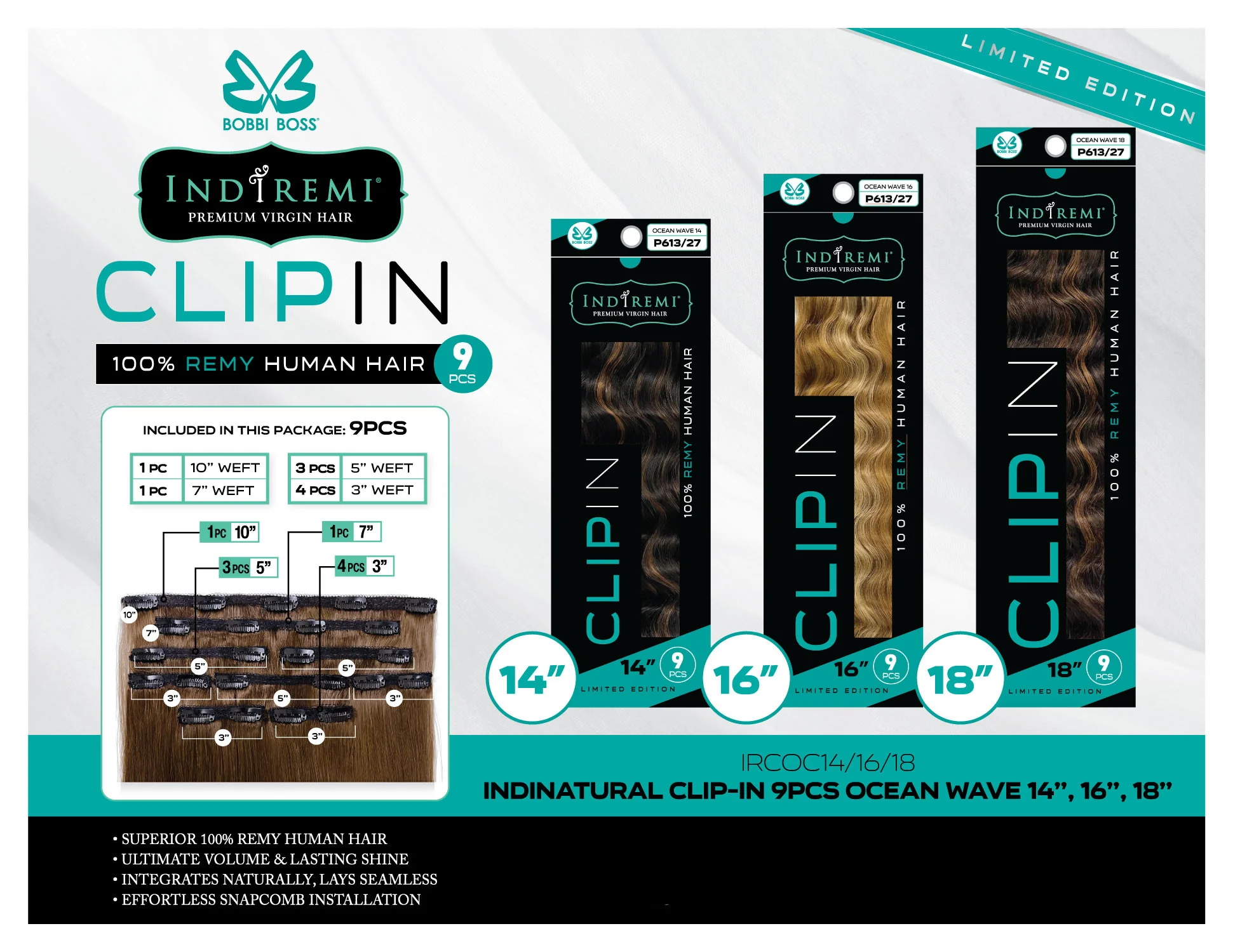 Bobbi Boss Indiremi Clip-In 9 PCS 100% Remy Human Hair Weaving - OCEAN WAVE 14"/16" - Image 2