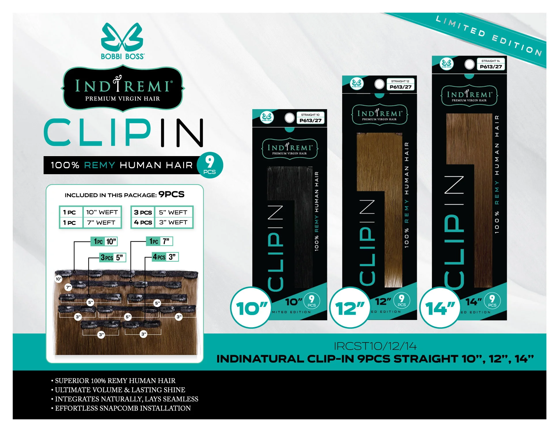 Bobbi Boss Indiremi Clip-In 9 PCS 100% Remy Human Hair Weaving - STRAIGHT 10"/12"/14" - Image 2