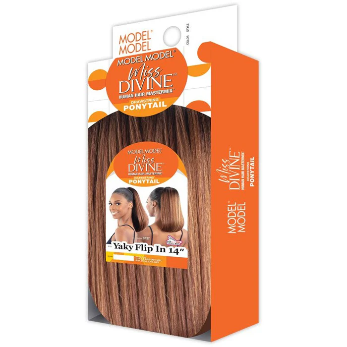 Model Model Miss Divine Human Hair Blend Drawstring Ponytail - YAKI FLIP IN 14" - Image 4