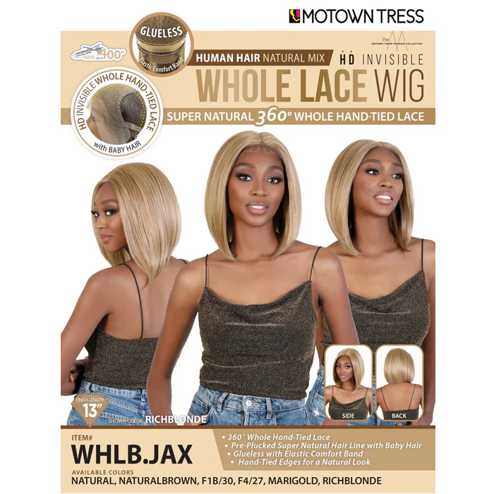 Motown Tress Glueless 360 Whole Lace HD Hand-Tied Lace Wig - WHLB.JAX - Human Hair Blend - Image 4
