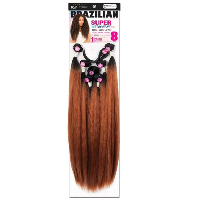 New Born Free Remi Touch Brazilian Multipack Weave - SUPER WET & WAVY 8 Pcs + Top Closure & Bang (18/20/22)