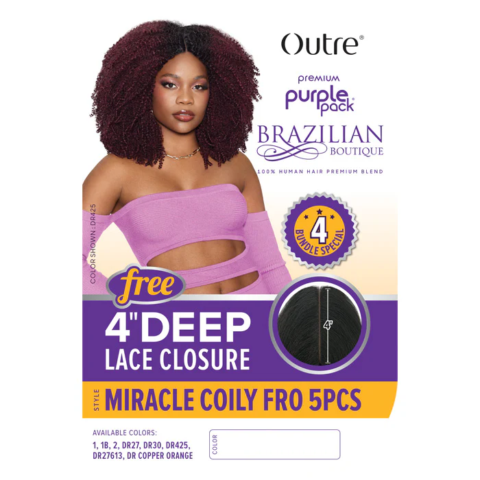 Outre Purple Pack Brazilian Boutique 100% Human Hair Blend Weave - MIRACLE COILY FRO 5 PCS + Free 4" Deep Lace Closure - Image 3