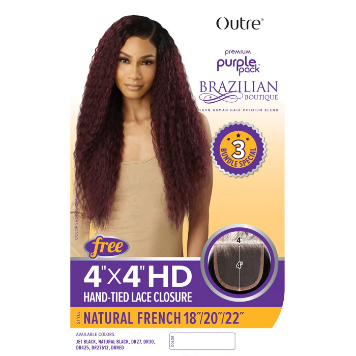 Outre Purple Pack Brazilian Boutique Human Hair Blend Weave - NATURAL FRENCH (18"/20"/22"+ 4x4 HD HAND-TIED LACE CLOSURE) - Image 5