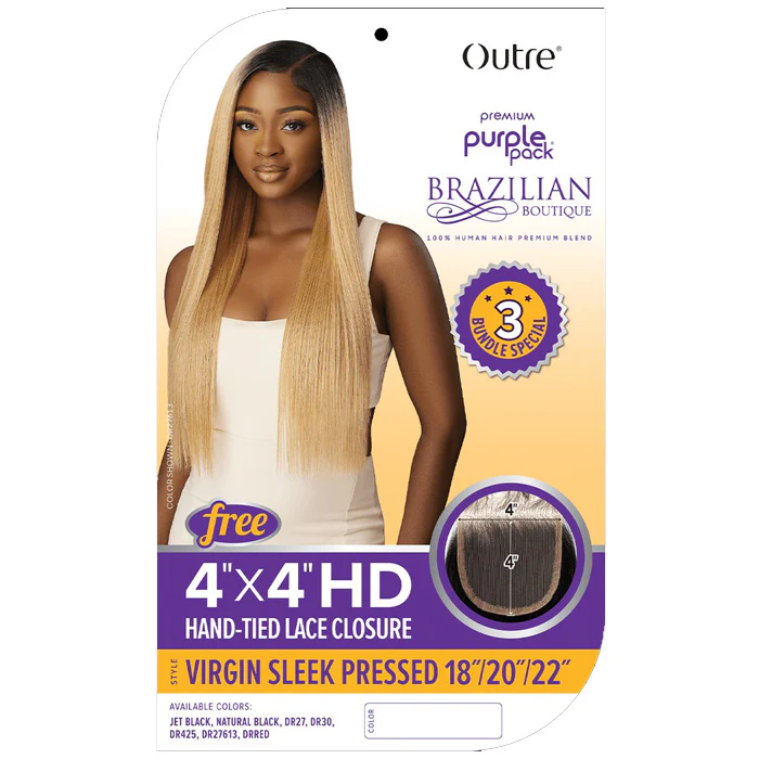 Outre Purple Pack Brazilian Boutique Human Hair Blend Weave - SLEEK PRESSED 4PCS (18/20/22"+ 4X4 HD lace closure) - Image 4