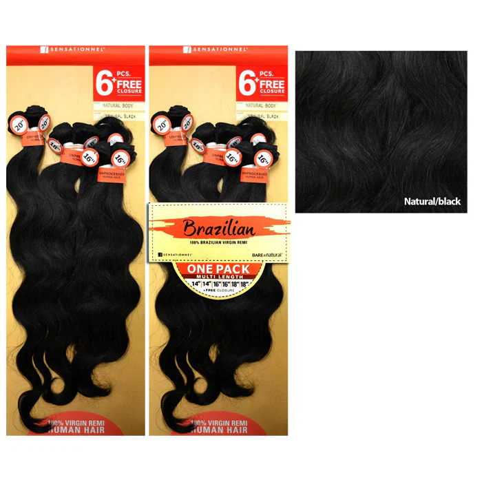 Sensationnel Bare & Natural Brazilian 100% Virgin Remi Weave - NATURAL BODY 6 PCS + FREE CLOSURE - Image 3
